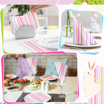 Motipuns 100 Pcs Pastel Paper Napkins—Disposable Plaid, Stripes, Polka Dots, Scallop Designs—Party Tableware for Summer, Birthday, Wedding, Cocktail(Multicolor,Stripe Style)