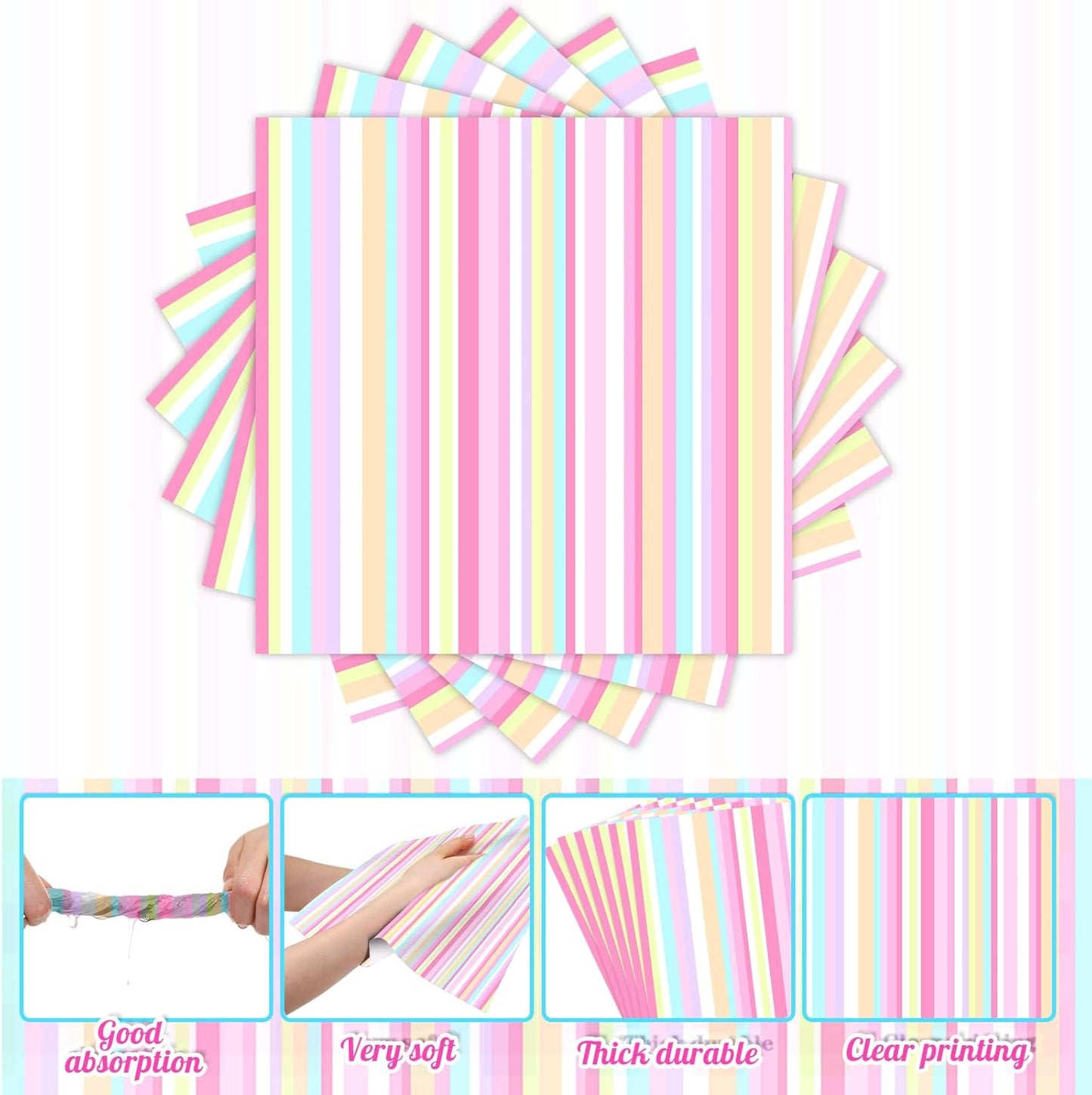 Motipuns 100 Pcs Pastel Paper Napkins—Disposable Plaid, Stripes, Polka Dots, Scallop Designs—Party Tableware for Summer, Birthday, Wedding, Cocktail(Multicolor,Stripe Style)
