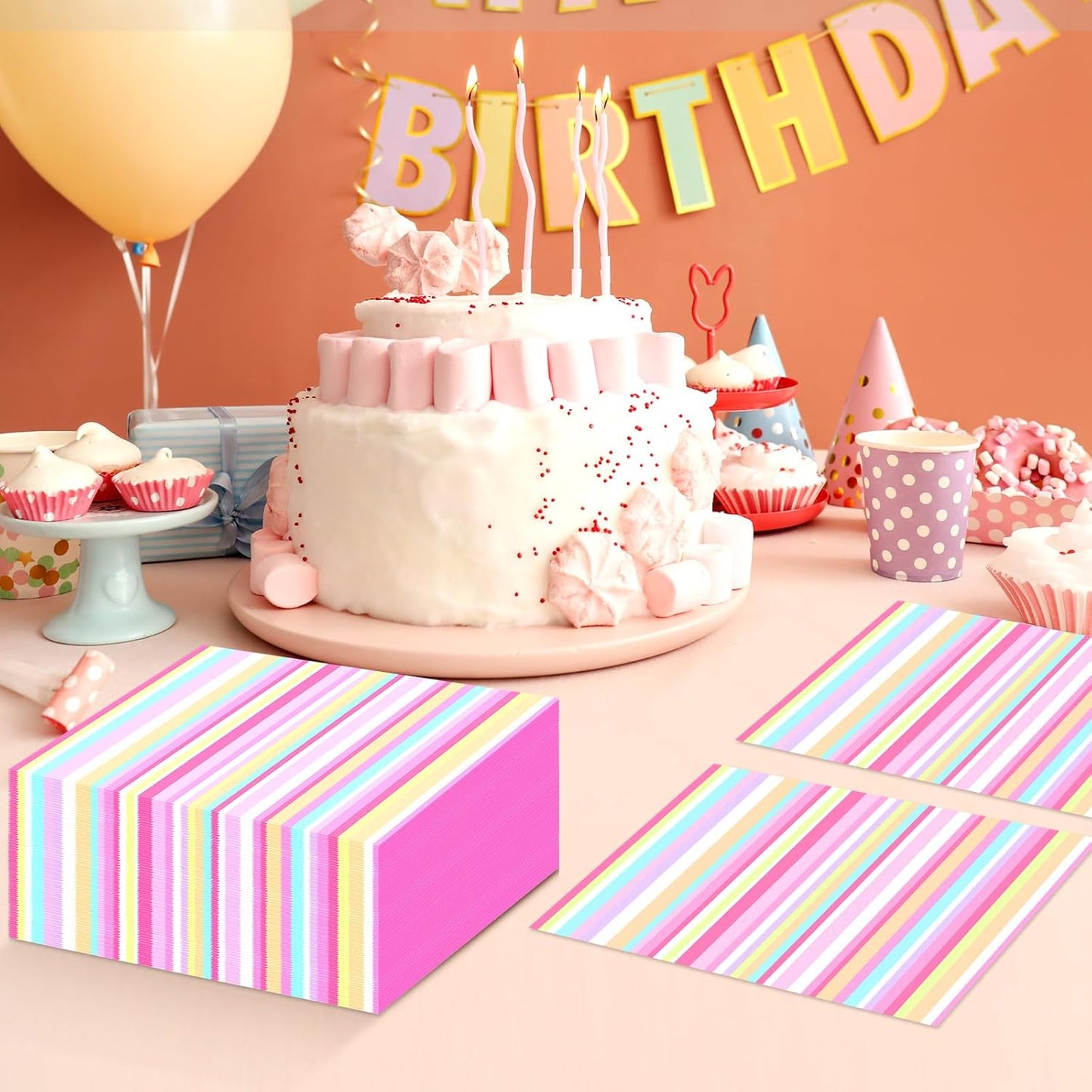Motipuns 100 Pcs Pastel Paper Napkins—Disposable Plaid, Stripes, Polka Dots, Scallop Designs—Party Tableware for Summer, Birthday, Wedding, Cocktail(Multicolor,Stripe Style)