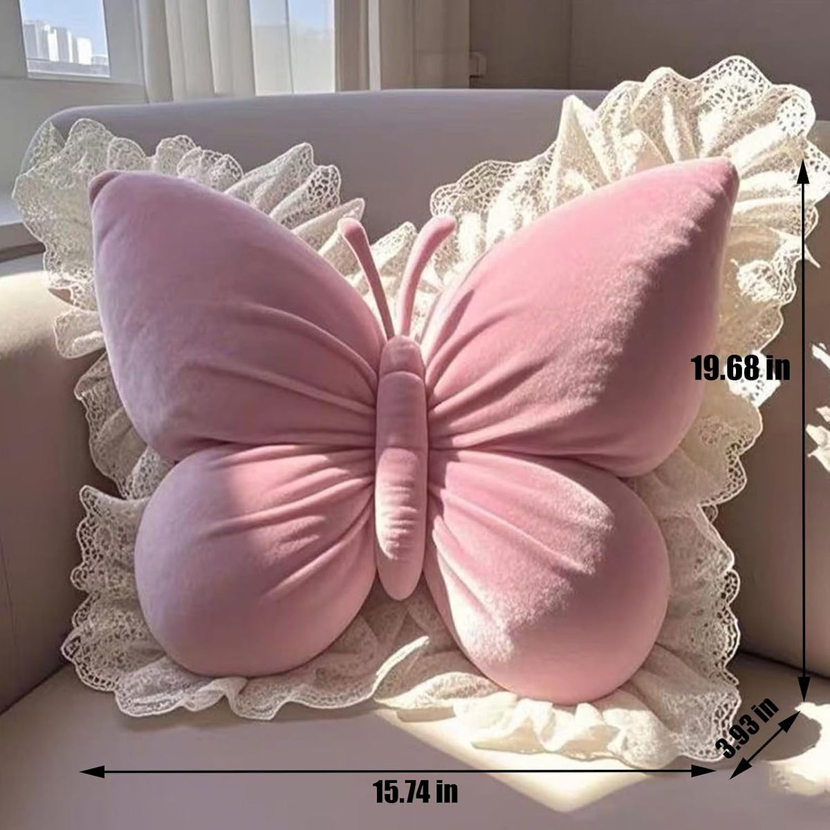 Butterfly Pillow with Lace Trim Decorative, Butterfly Shaped Throw Pillows 20" x 16" Soft Plush Cushion Decor for Bedroom Living Room Sofa Couch Bed Home Decor Office Chair Car Seat (Pink)