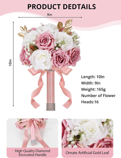 Wedding Bouquets for Bride, 9 Inch Artificial Rose Bridal Bouquet