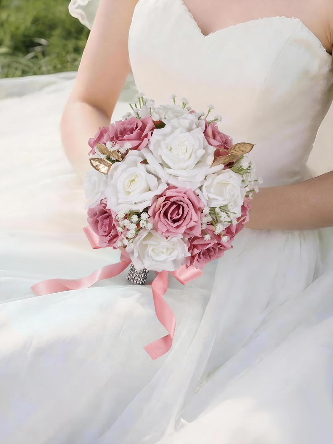 Wedding Bouquets for Bride, 9 Inch Artificial Rose Bridal Bouquet