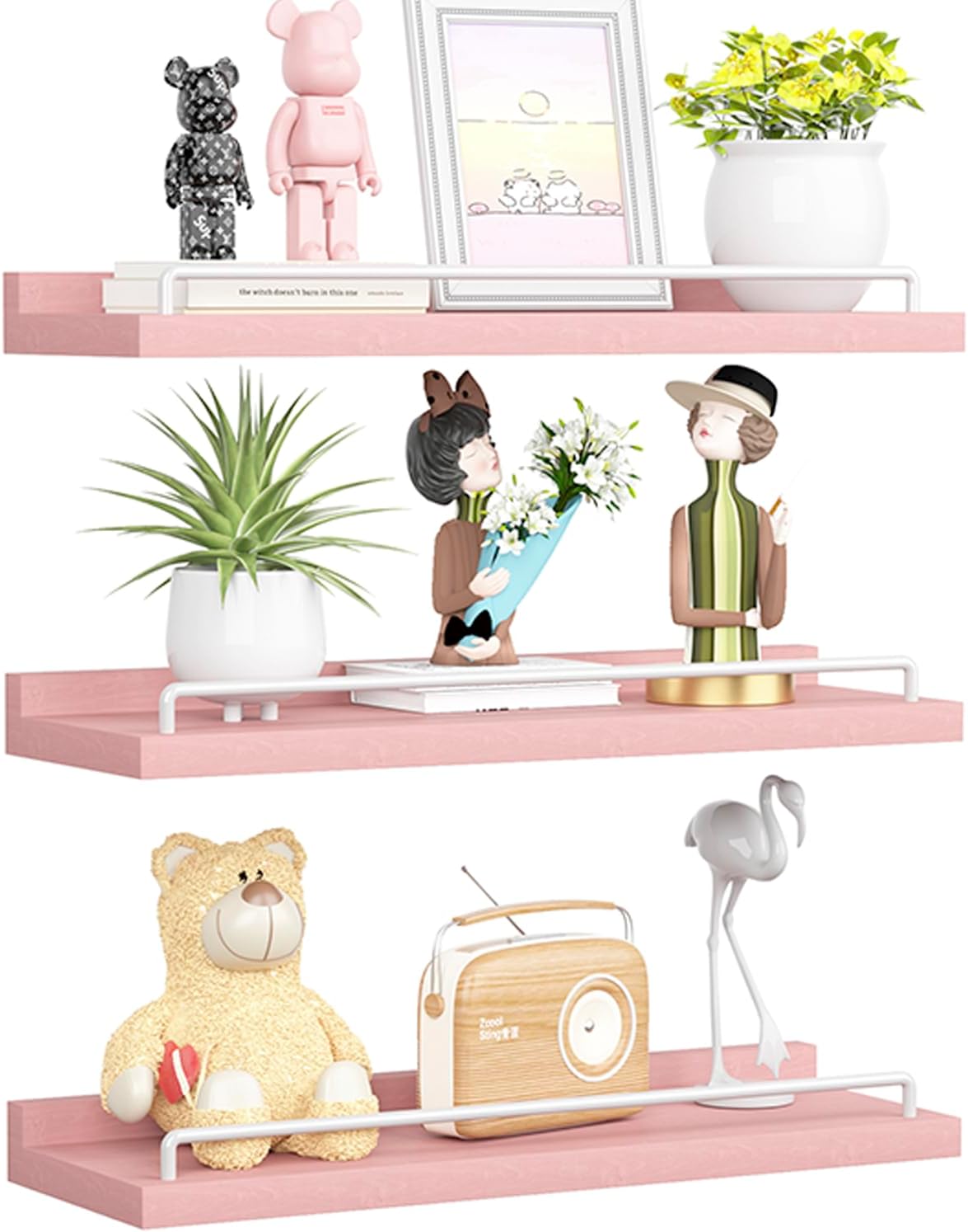 Pink and White Floating Shelves, Kawaii Room Decor Wall Shelves - Set of 3 for Living Room, Bedroom, Kitchen, Picture Frames, Plants