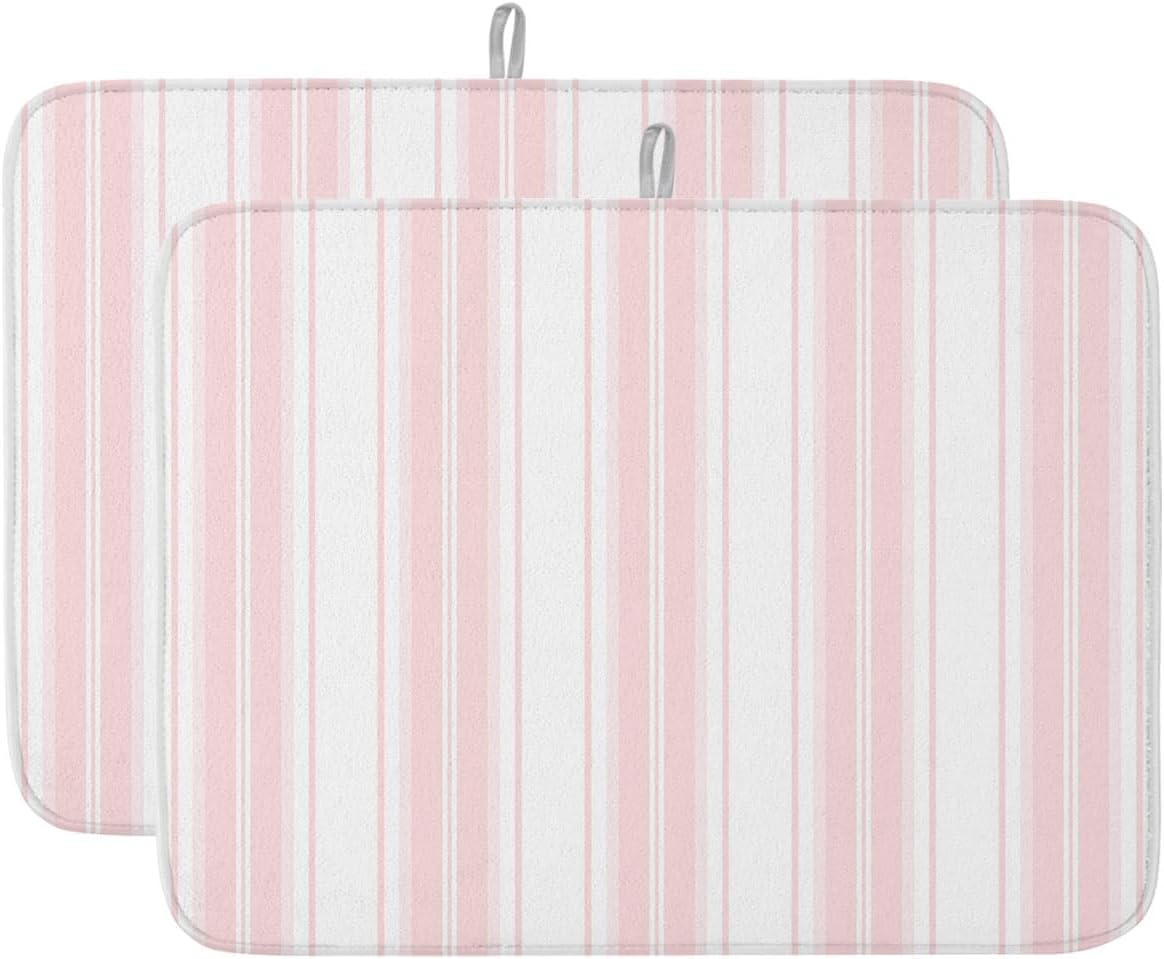 Pink Striped Dish Drying Mat 2 Pack, Vertical Stripe Modern Minimalist Absorbent Heat Insulating Kitchen Drying Pad Drainer Mats for Sink Counter Pot Dishes 18 X 24 Inch