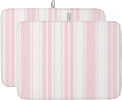 Pink Striped Dish Drying Mat 2 Pack, Vertical Stripe Modern Minimalist Absorbent Heat Insulating Kitchen Drying Pad Drainer Mats for Sink Counter Pot Dishes 18 X 24 Inch