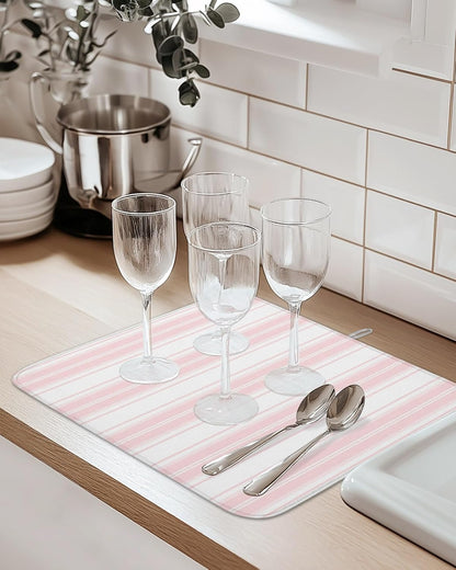 Pink Striped Dish Drying Mat 2 Pack, Vertical Stripe Modern Minimalist Absorbent Heat Insulating Kitchen Drying Pad Drainer Mats for Sink Counter Pot Dishes 18 X 24 Inch