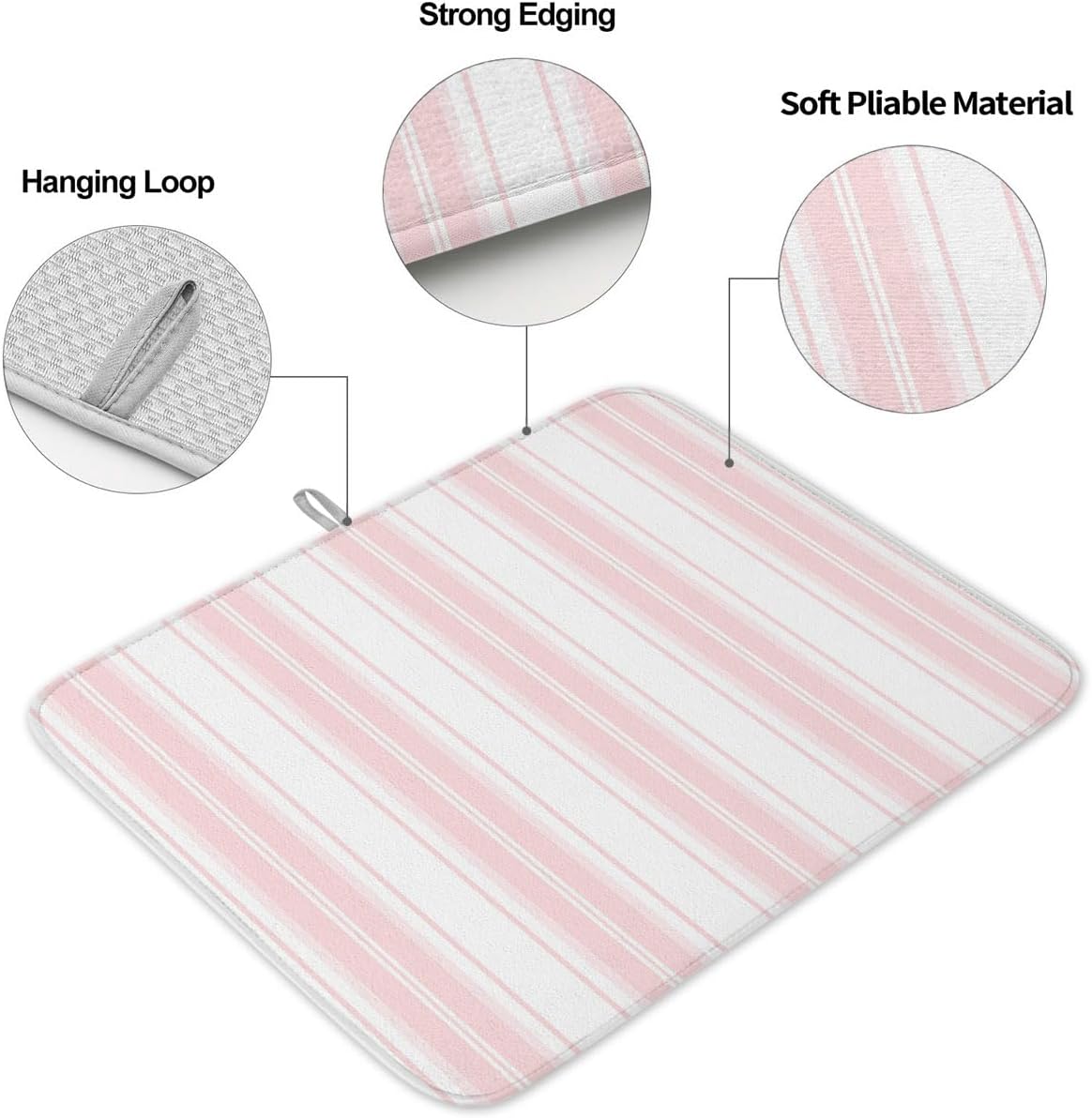 Pink Striped Dish Drying Mat 2 Pack, Vertical Stripe Modern Minimalist Absorbent Heat Insulating Kitchen Drying Pad Drainer Mats for Sink Counter Pot Dishes 18 X 24 Inch