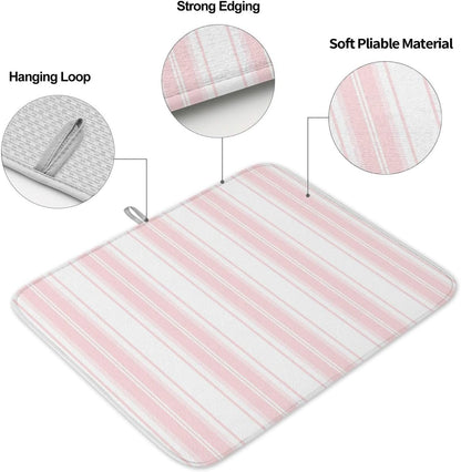 Pink Striped Dish Drying Mat 2 Pack, Vertical Stripe Modern Minimalist Absorbent Heat Insulating Kitchen Drying Pad Drainer Mats for Sink Counter Pot Dishes 18 X 24 Inch