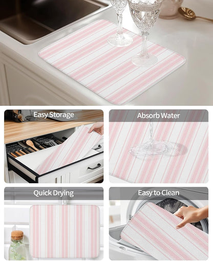 Pink Striped Dish Drying Mat 2 Pack, Vertical Stripe Modern Minimalist Absorbent Heat Insulating Kitchen Drying Pad Drainer Mats for Sink Counter Pot Dishes 18 X 24 Inch