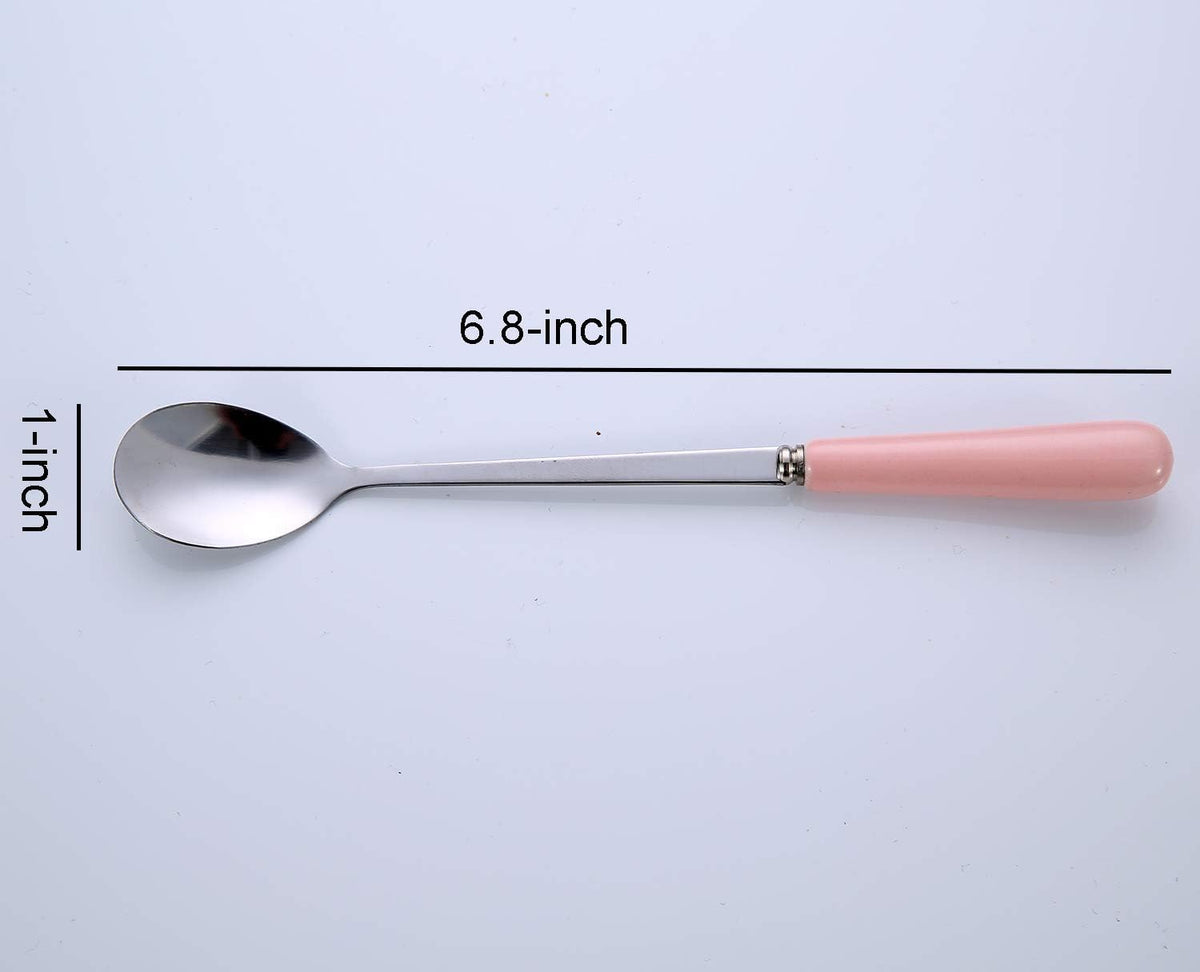 3PCS Mixing Spoons for Coffee, Dessert, Ice Cream, Milkshake, Stainless Steel Iced Teaspoon with Ceramic Handle Tablespoons Espresso Cocktail Stirring Spoons, 6.8-Inch (Pink)