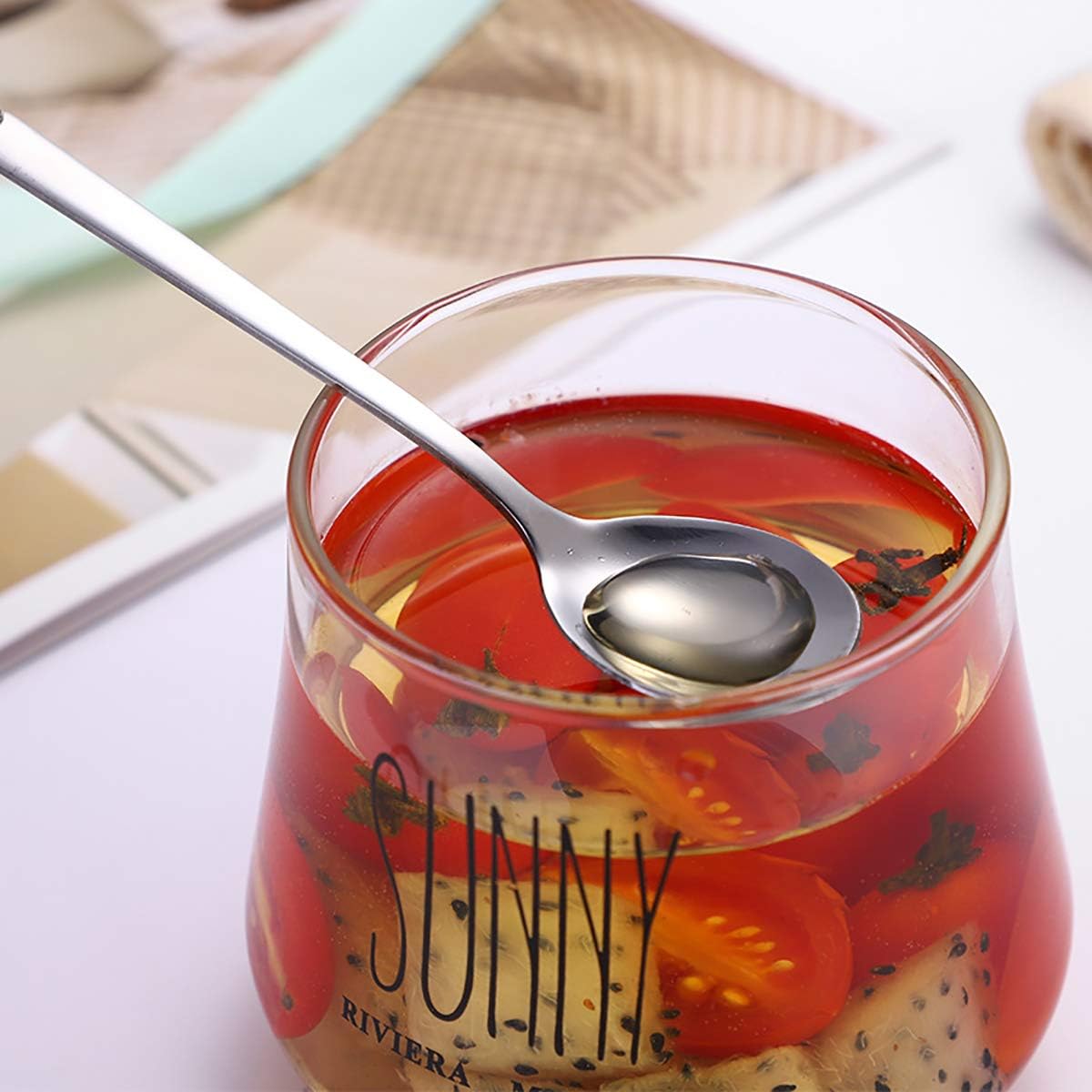 3PCS Mixing Spoons for Coffee, Dessert, Ice Cream, Milkshake, Stainless Steel Iced Teaspoon with Ceramic Handle Tablespoons Espresso Cocktail Stirring Spoons, 6.8-Inch (Pink)