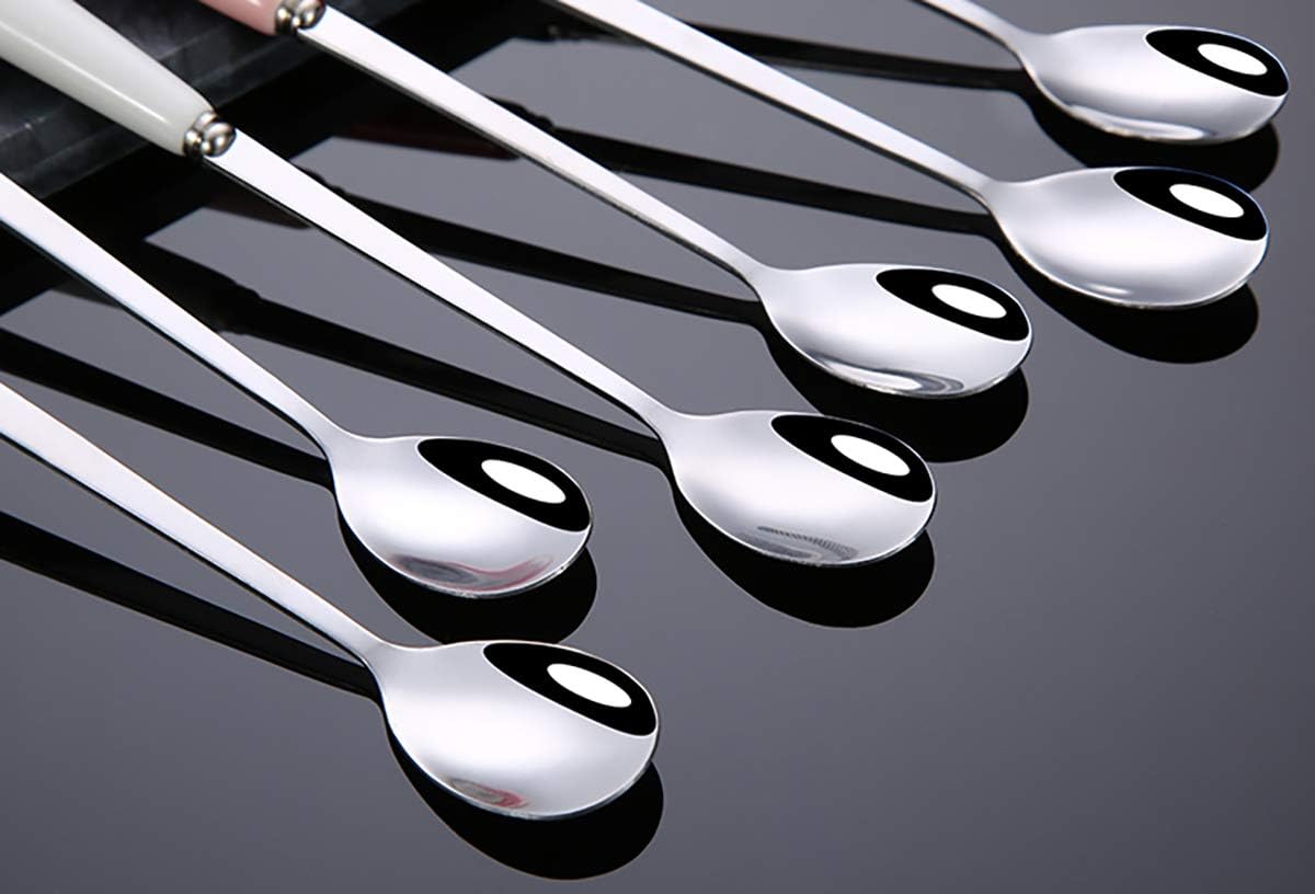 3PCS Mixing Spoons for Coffee, Dessert, Ice Cream, Milkshake, Stainless Steel Iced Teaspoon with Ceramic Handle Tablespoons Espresso Cocktail Stirring Spoons, 6.8-Inch (Pink)