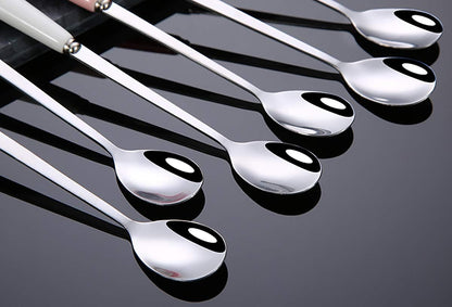 3PCS Mixing Spoons for Coffee, Dessert, Ice Cream, Milkshake, Stainless Steel Iced Teaspoon with Ceramic Handle Tablespoons Espresso Cocktail Stirring Spoons, 6.8-Inch (Pink)