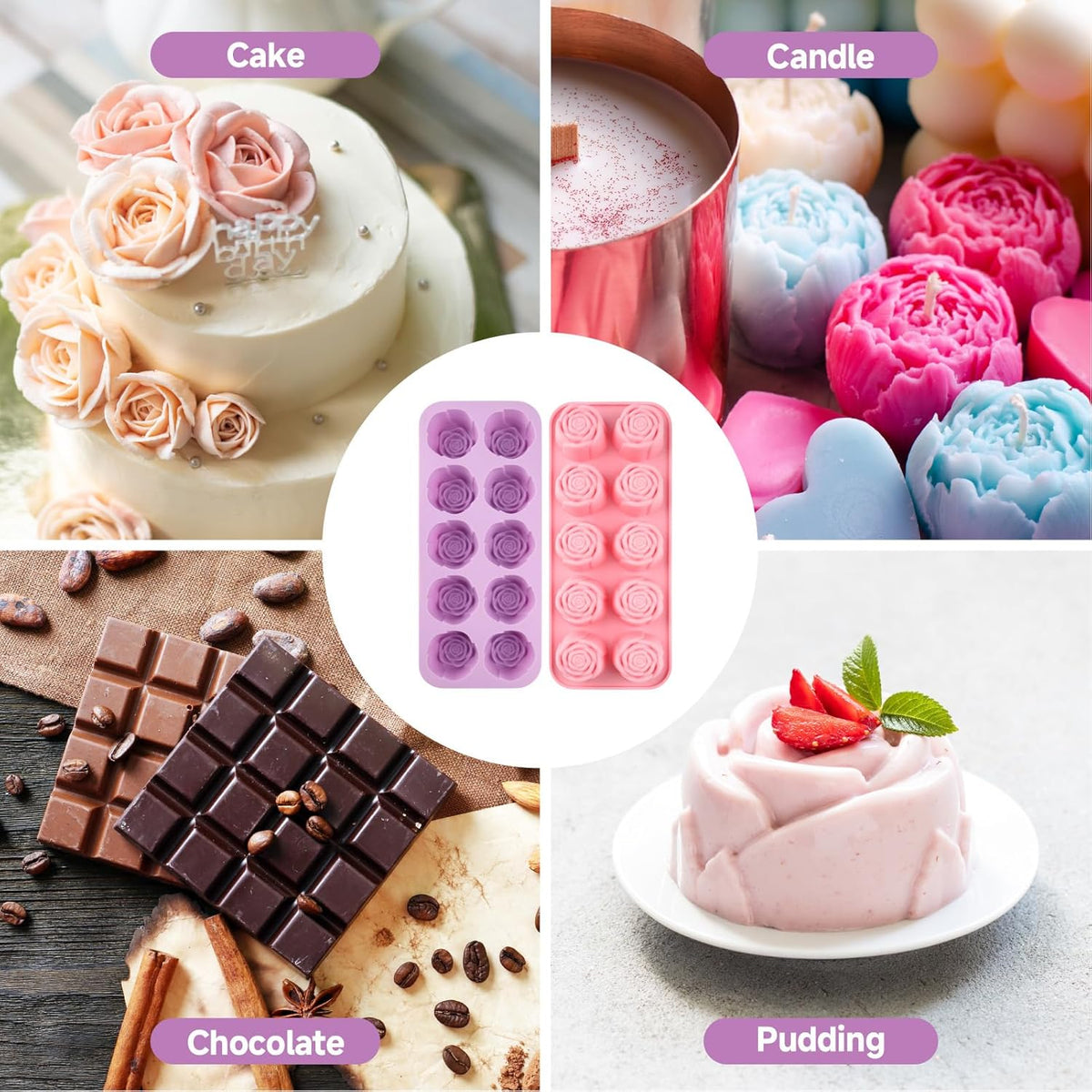 2 Pcs Rose Silicone Mold for Chocolate,20-Cavity Rose Chocolate Mold for Candy, Gummy&Cake Decorating-Flexible Flower Ice Cube Mold & Candy Mold for Strawberries,Jello,and Baking