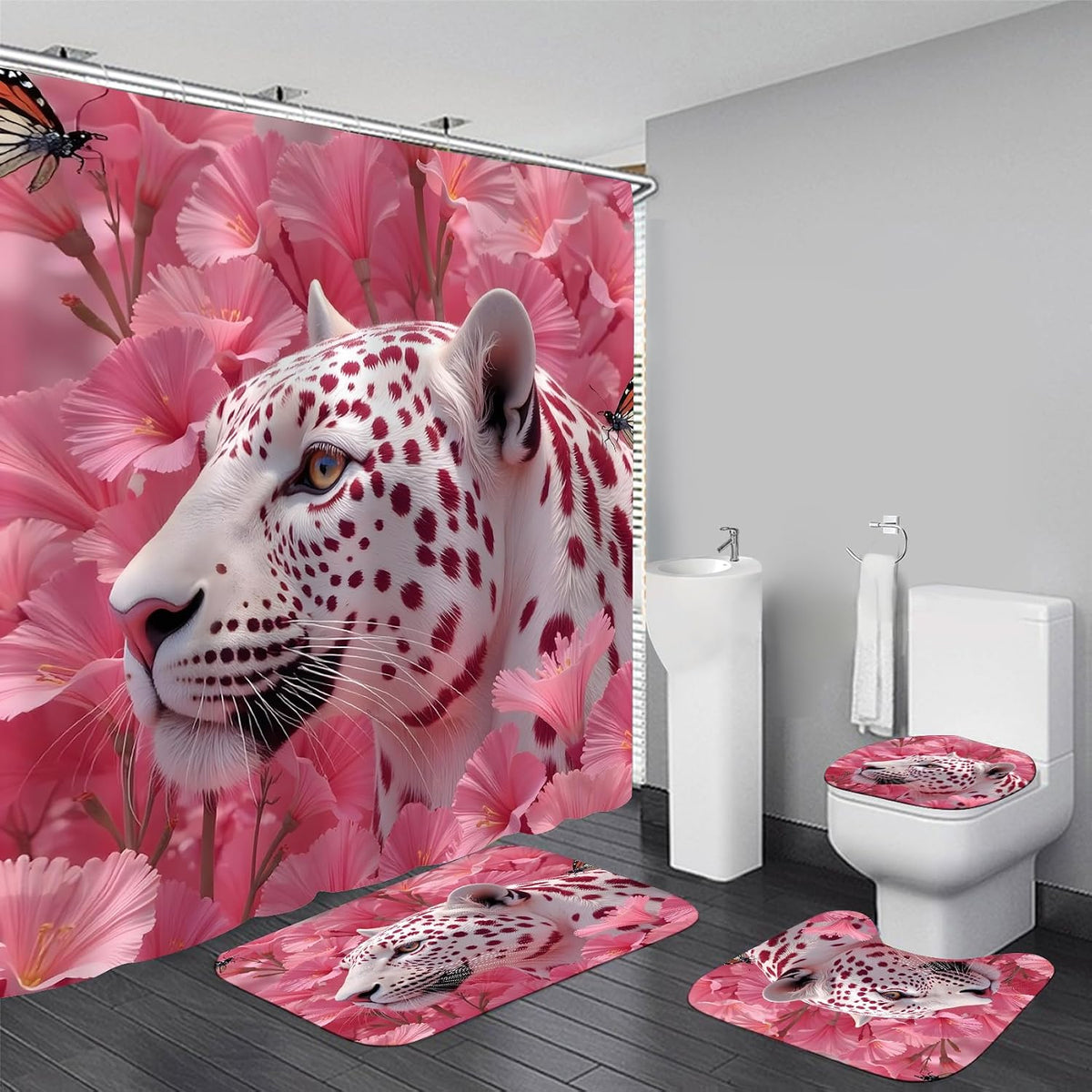 4 Pcs Pink Floral Leopard Shower Curtain Set