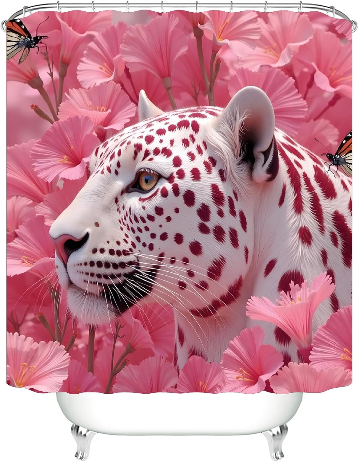 4 Pcs Pink Floral Leopard Shower Curtain Set