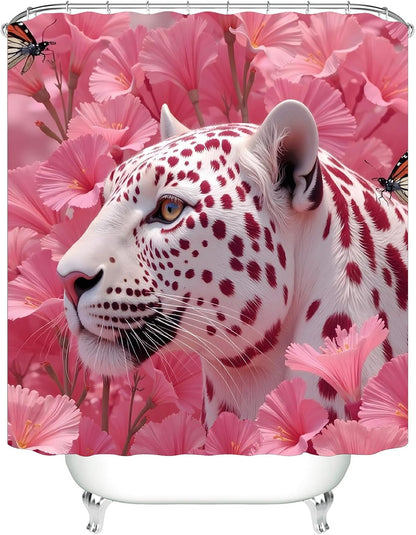 4 Pcs Pink Floral Leopard Shower Curtain Set