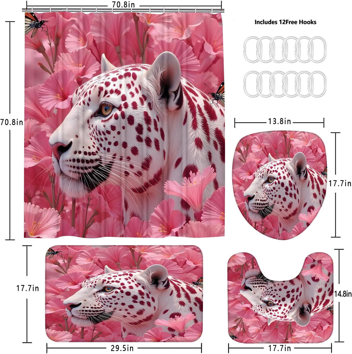 4 Pcs Pink Floral Leopard Shower Curtain Set