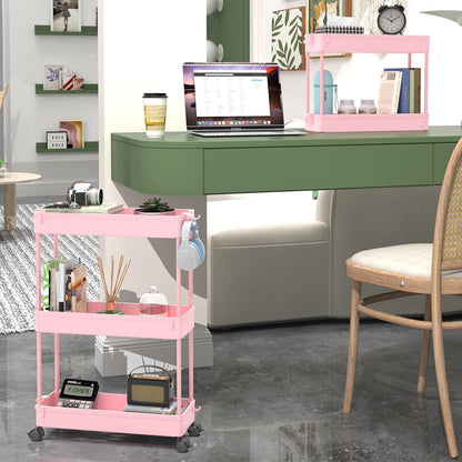 Slim Rolling Storage Cart, 3 Tier Bathroom Organizer Utility Cart Laundry Room Organization Mobile Shelving Unit for Kitchen, Bathroom, Office, Bedroom, Narrow Places, Pink