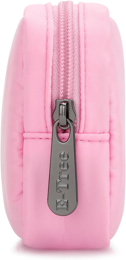 Cute Small Makeup Bag, Cosmetic Toiletry Skin Care Make up Little Items Pouch for Purse,Zipper Mini Tech Charger Cable Electronic Organizer Case,Travel Accessories,Pink