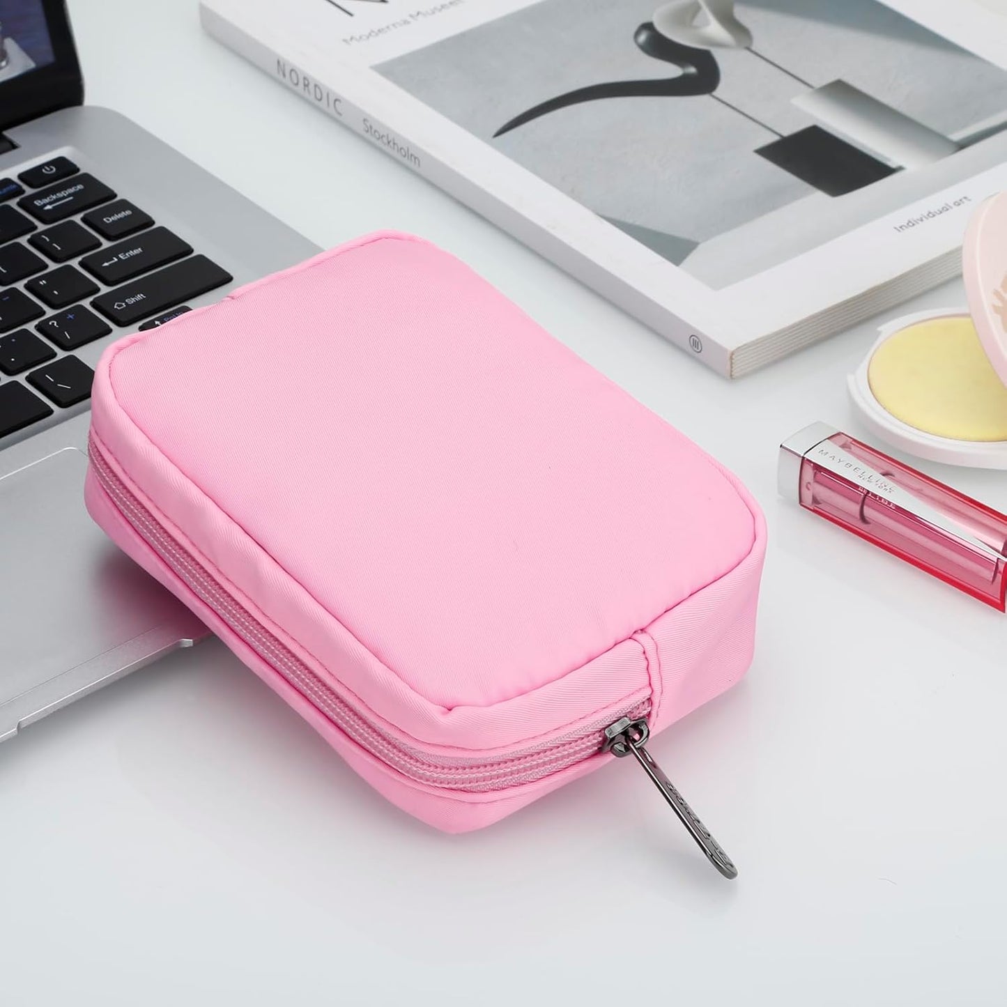 Cute Small Makeup Bag, Cosmetic Toiletry Skin Care Make up Little Items Pouch for Purse,Zipper Mini Tech Charger Cable Electronic Organizer Case,Travel Accessories,Pink