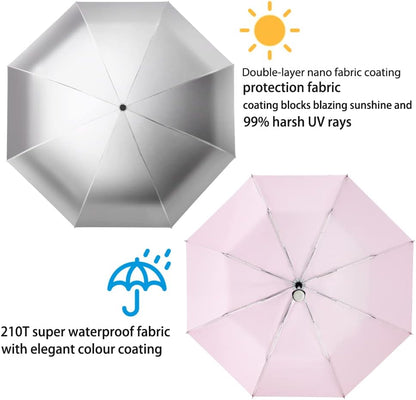 Silver Coating Layer Fabric Blocking UV 99.9% Sun Umbrella Compact Folding Travel Umbrella Automatic Windproof Umbrellas For Men and Women (Pink)