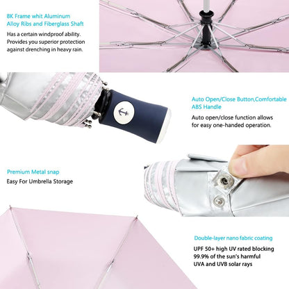 Silver Coating Layer Fabric Blocking UV 99.9% Sun Umbrella Compact Folding Travel Umbrella Automatic Windproof Umbrellas For Men and Women (Pink)