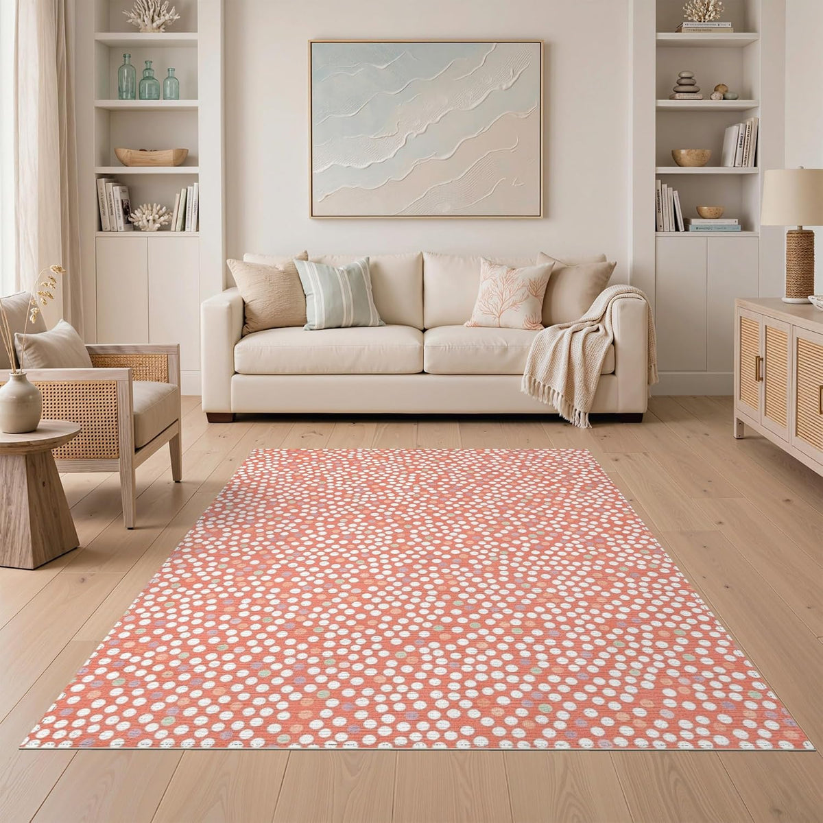 5'x7' Washable Flatwoven Rug, Salmon Modern Polka Dot Stain Resistant Area Rug for Guest Room, Lounge, Apartment, Non-Slip Low Profile Floor Covering | Ref:2114930