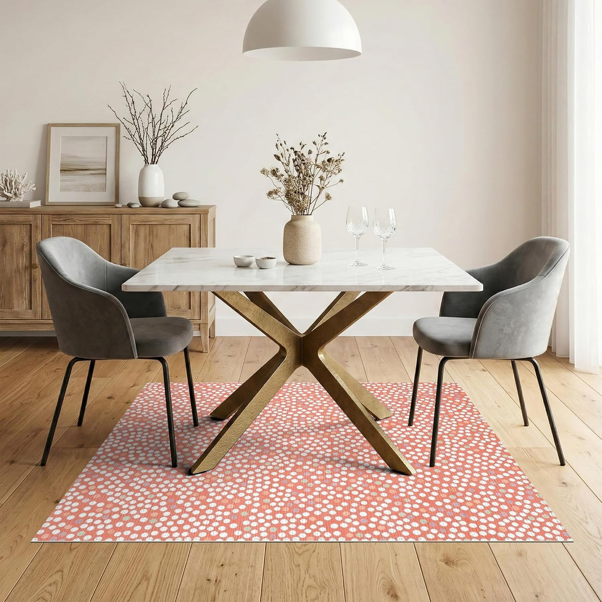 5'x7' Washable Flatwoven Rug, Salmon Modern Polka Dot Stain Resistant Area Rug for Guest Room, Lounge, Apartment, Non-Slip Low Profile Floor Covering | Ref:2114930