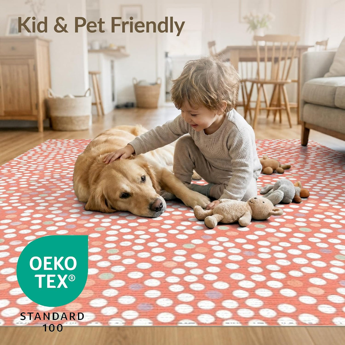 5'x7' Washable Flatwoven Rug, Salmon Modern Polka Dot Stain Resistant Area Rug for Guest Room, Lounge, Apartment, Non-Slip Low Profile Floor Covering | Ref:2114930