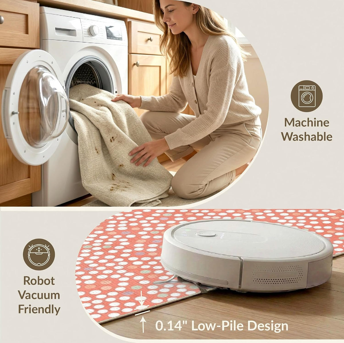 5'x7' Washable Flatwoven Rug, Salmon Modern Polka Dot Stain Resistant Area Rug for Guest Room, Lounge, Apartment, Non-Slip Low Profile Floor Covering | Ref:2114930