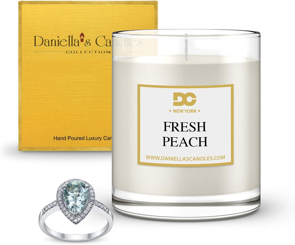DANIELLA'S CANDLES Fresh Peach Jewelry Scented Candle, 11 oz Natural Soy Wax with Necklace Inside