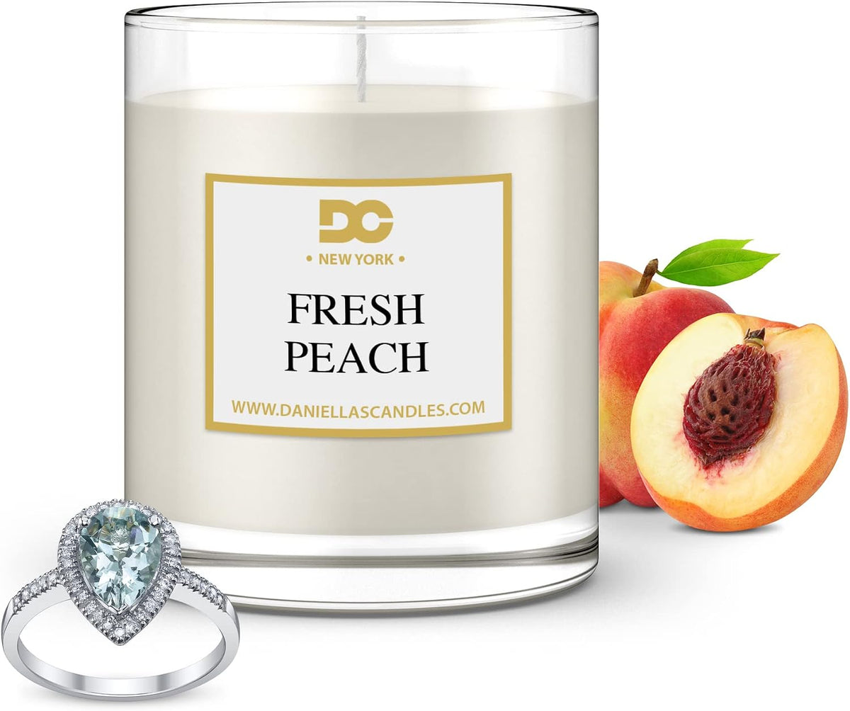 DANIELLA'S CANDLES Fresh Peach Jewelry Scented Candle, 11 oz Natural Soy Wax with Necklace Inside