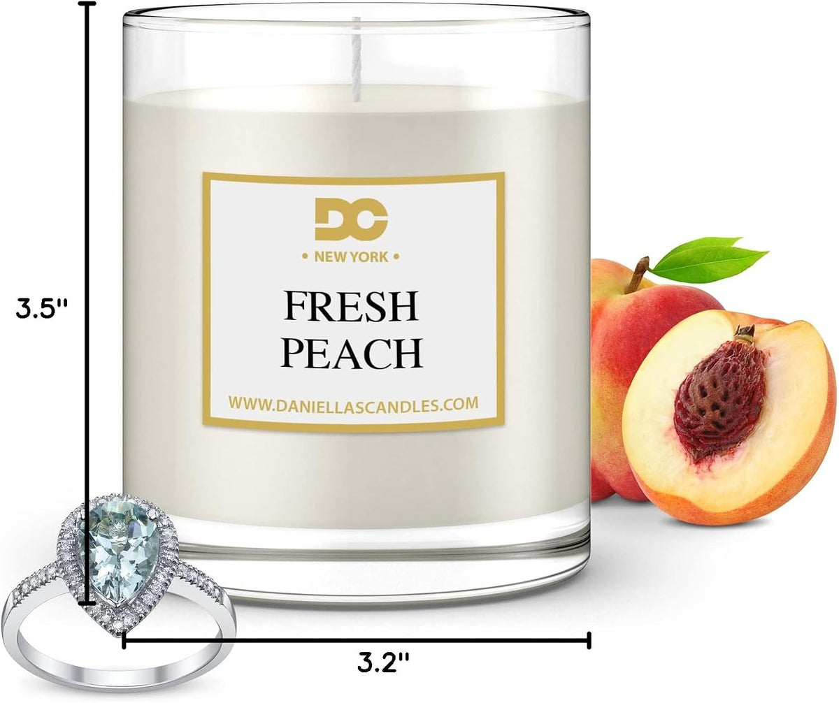 DANIELLA'S CANDLES Fresh Peach Jewelry Scented Candle, 11 oz Natural Soy Wax with Necklace Inside