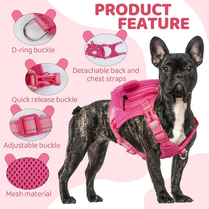 Dog Harness with Backpack, Adjustable Dog Backpack Harness for Small Medium Dogs, No-Pull Breathable Backpacks for Dogs to Wear, for Traveling, Hiking, Camping, Training, Pink M