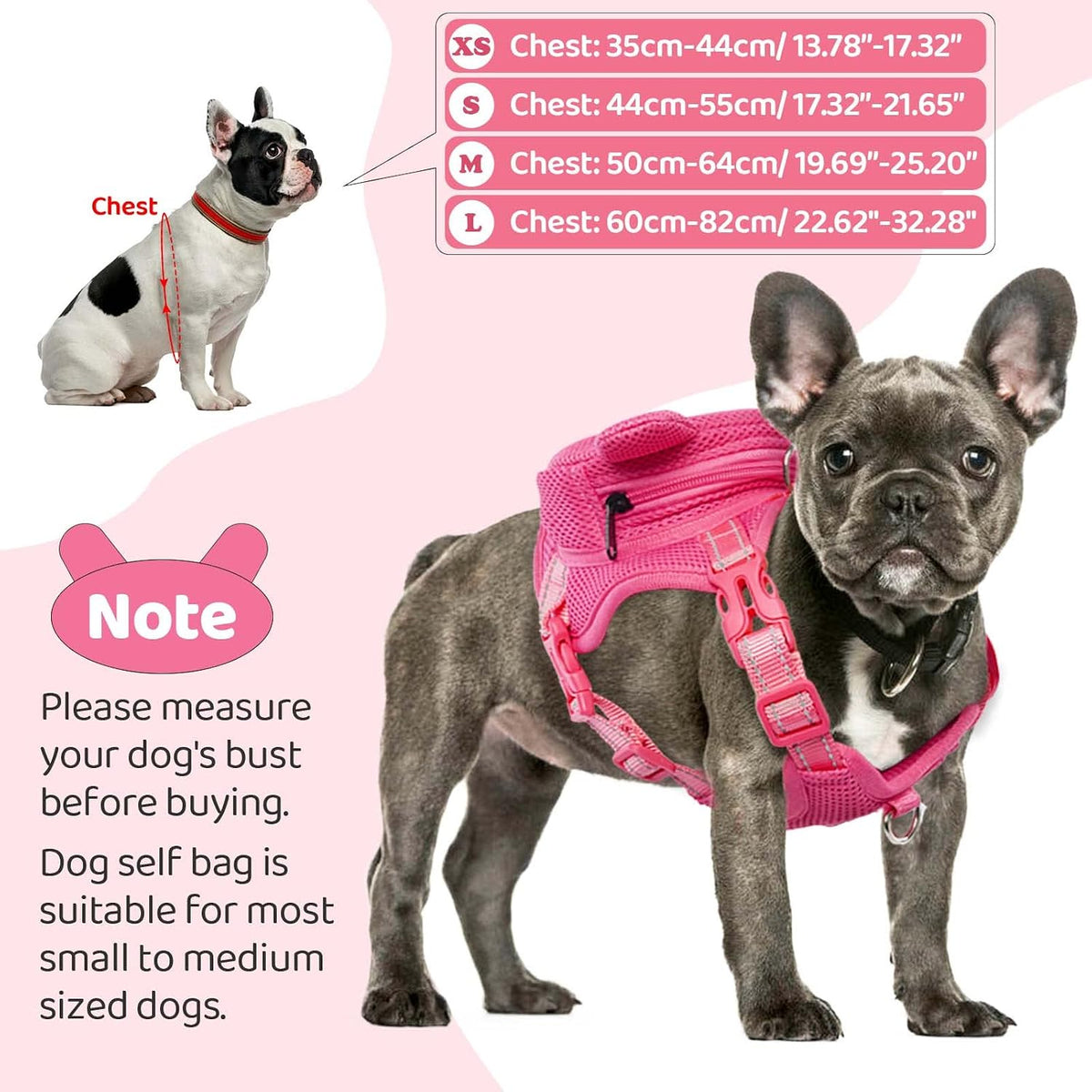 Dog Harness with Backpack, Adjustable Dog Backpack Harness for Small Medium Dogs, No-Pull Breathable Backpacks for Dogs to Wear, for Traveling, Hiking, Camping, Training, Pink M