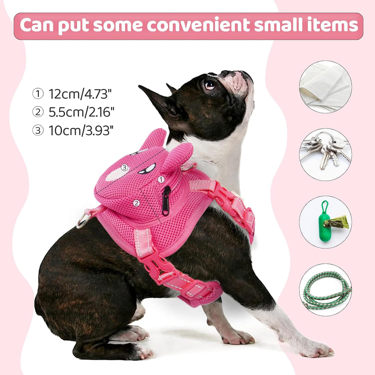 Dog Harness with Backpack, Adjustable Dog Backpack Harness for Small Medium Dogs, No-Pull Breathable Backpacks for Dogs to Wear, for Traveling, Hiking, Camping, Training, Pink M