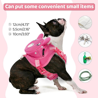 Dog Harness with Backpack, Adjustable Dog Backpack Harness for Small Medium Dogs, No-Pull Breathable Backpacks for Dogs to Wear, for Traveling, Hiking, Camping, Training, Pink M