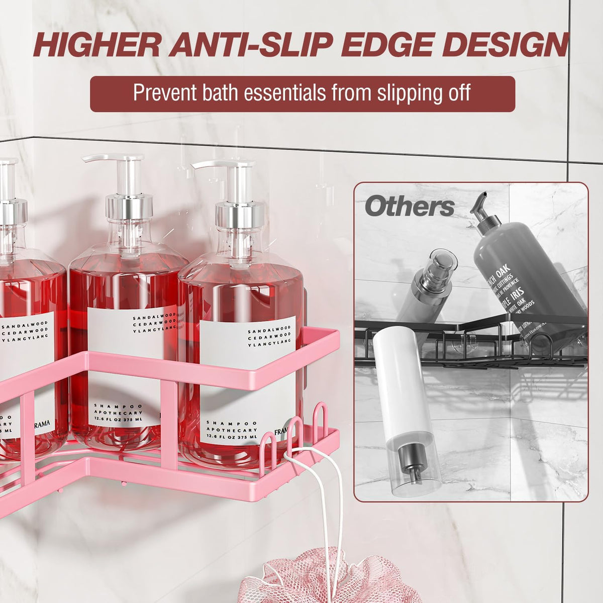4-Pack Adhesive Corner Shower Caddy with Soap Holder, No Drilling Wall Mounted Shower Shelves-Rustproof, Organizer for Bathroom, Kitchen & Home Decor. Pink