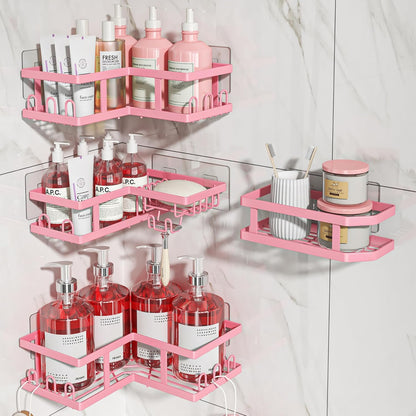 4-Pack Adhesive Corner Shower Caddy with Soap Holder, No Drilling Wall Mounted Shower Shelves-Rustproof, Organizer for Bathroom, Kitchen & Home Decor. Pink