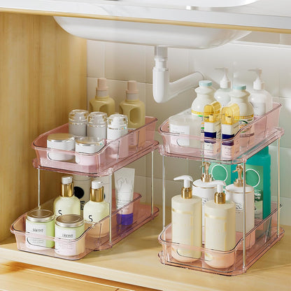 2-Tier Under Sink Organizers and Storage, Multi-Purpose Stackable Bathroom Cabinet organizers, Pull Out Kitchen Pantry Organization and Storage with Dividers(2 Pack, Pink)
