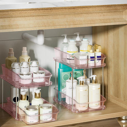 2-Tier Under Sink Organizers and Storage, Multi-Purpose Stackable Bathroom Cabinet organizers, Pull Out Kitchen Pantry Organization and Storage with Dividers(2 Pack, Pink)