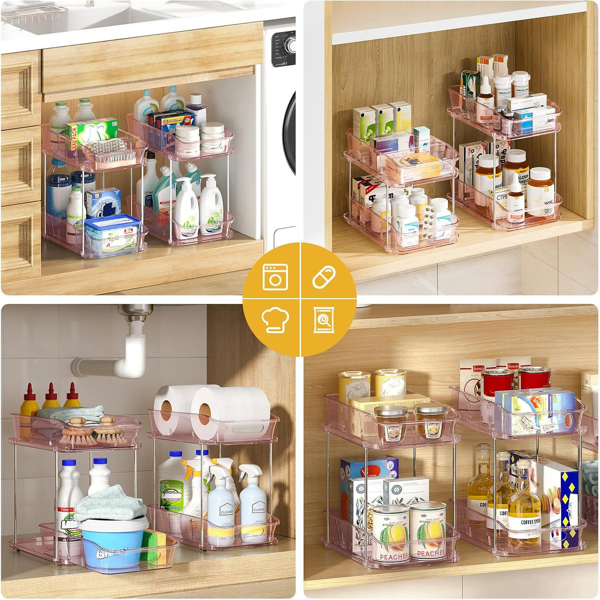 2-Tier Under Sink Organizers and Storage, Multi-Purpose Stackable Bathroom Cabinet organizers, Pull Out Kitchen Pantry Organization and Storage with Dividers(2 Pack, Pink)