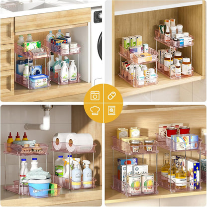 2-Tier Under Sink Organizers and Storage, Multi-Purpose Stackable Bathroom Cabinet organizers, Pull Out Kitchen Pantry Organization and Storage with Dividers(2 Pack, Pink)