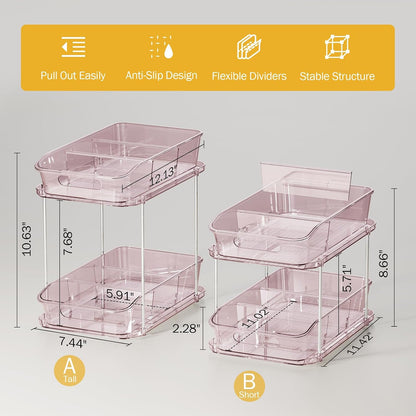 2-Tier Under Sink Organizers and Storage, Multi-Purpose Stackable Bathroom Cabinet organizers, Pull Out Kitchen Pantry Organization and Storage with Dividers(2 Pack, Pink)