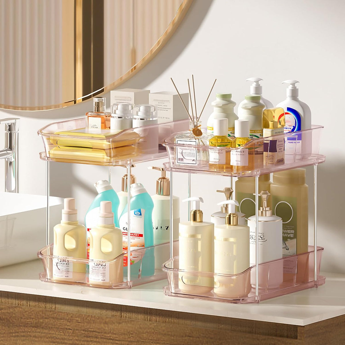 2-Tier Under Sink Organizers and Storage, Multi-Purpose Stackable Bathroom Cabinet organizers, Pull Out Kitchen Pantry Organization and Storage with Dividers(2 Pack, Pink)