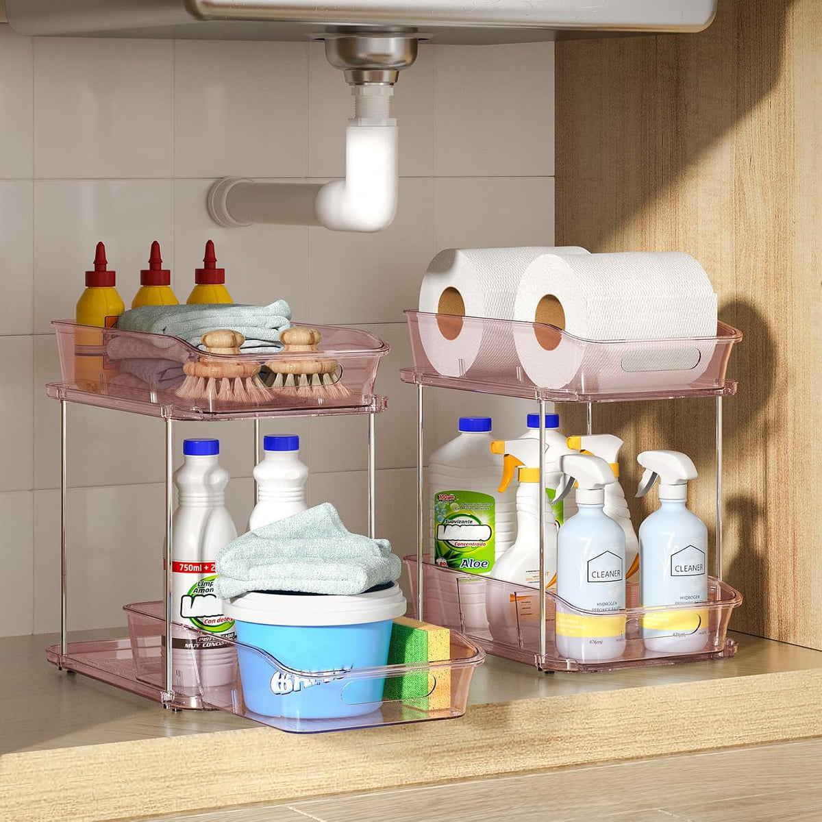 2-Tier Under Sink Organizers and Storage, Multi-Purpose Stackable Bathroom Cabinet organizers, Pull Out Kitchen Pantry Organization and Storage with Dividers(2 Pack, Pink)