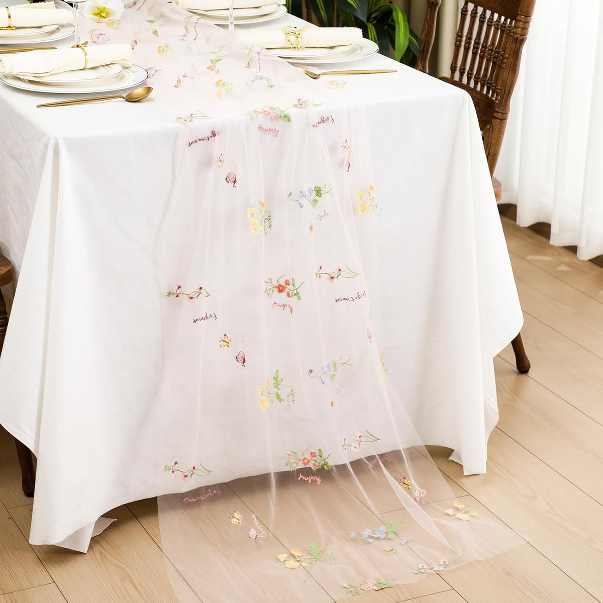9.8 Ft Pink Floral Tulle Table Runner Embroidery Wedding Decor