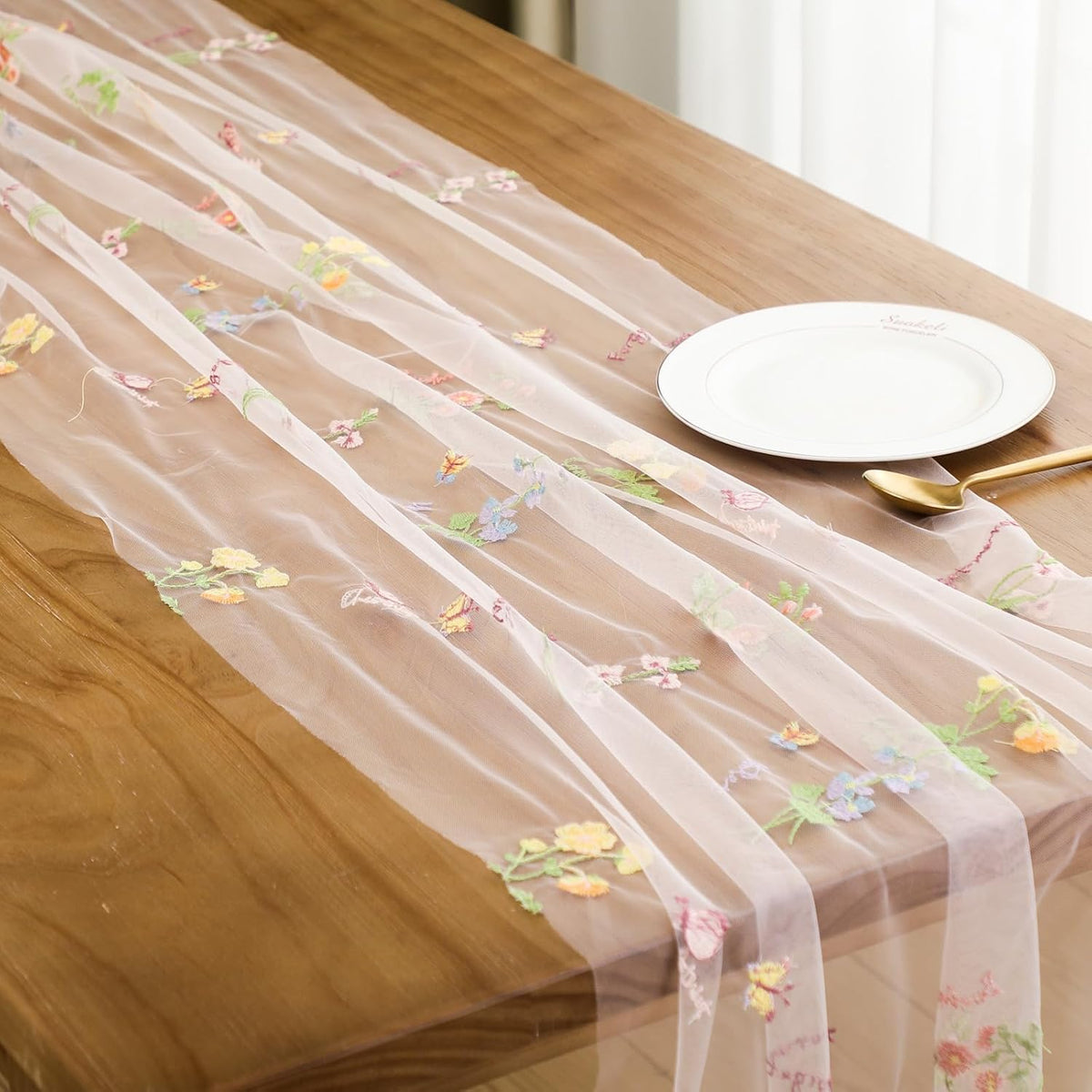 9.8 Ft Pink Floral Tulle Table Runner Embroidery Wedding Decor