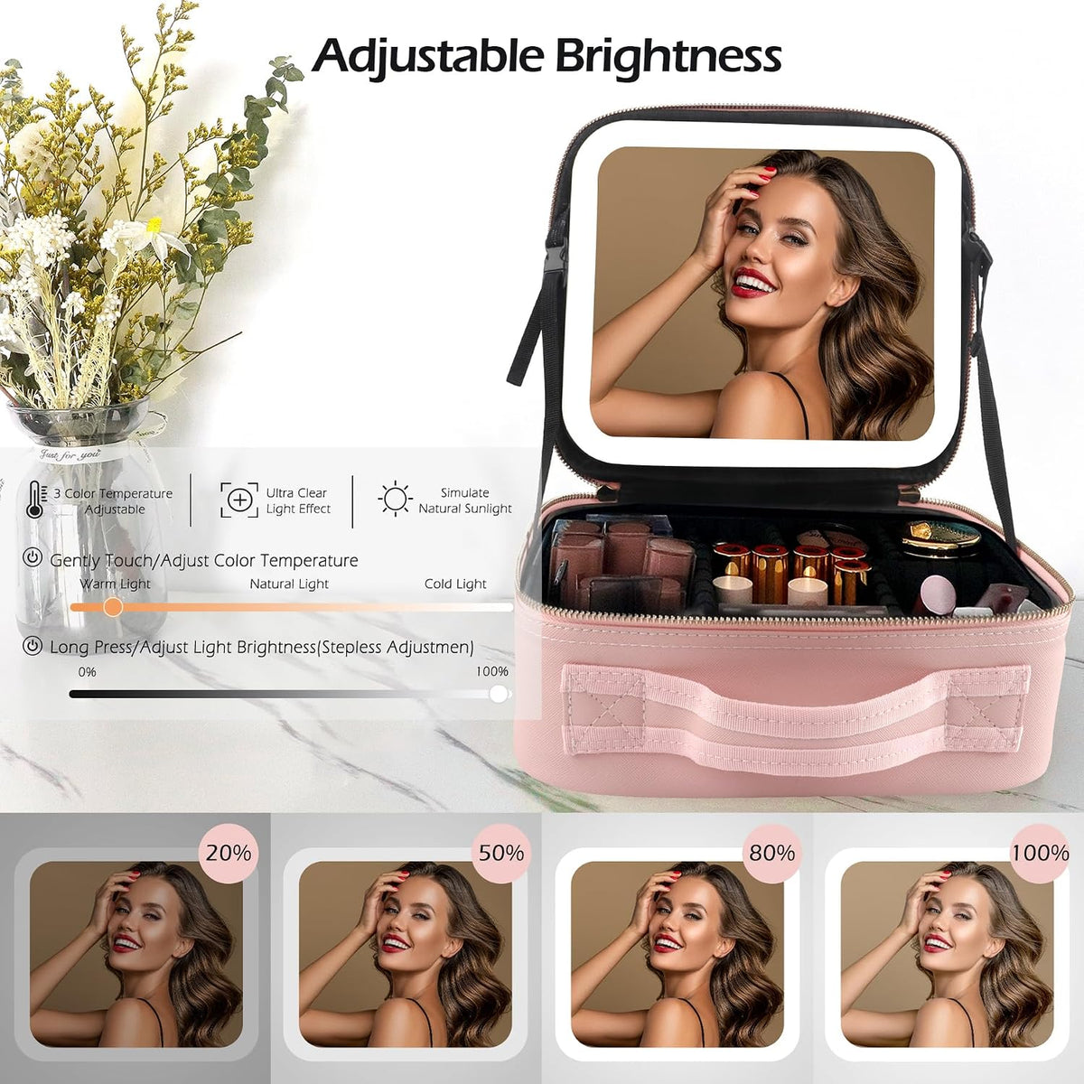 Makeup Train Case with Light & Mirror Large Cosmetic Organizer with Adjustable Dividers for Cosmetics,10X Magnifying Makeup Mirror,Pink
